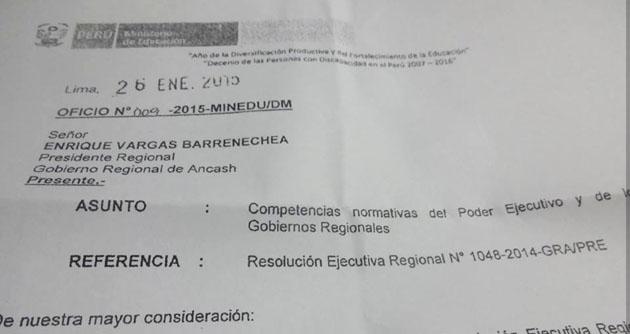 Este es el documento enviado por el Ministerio de Educación al Gobierno Regional de Áncash.